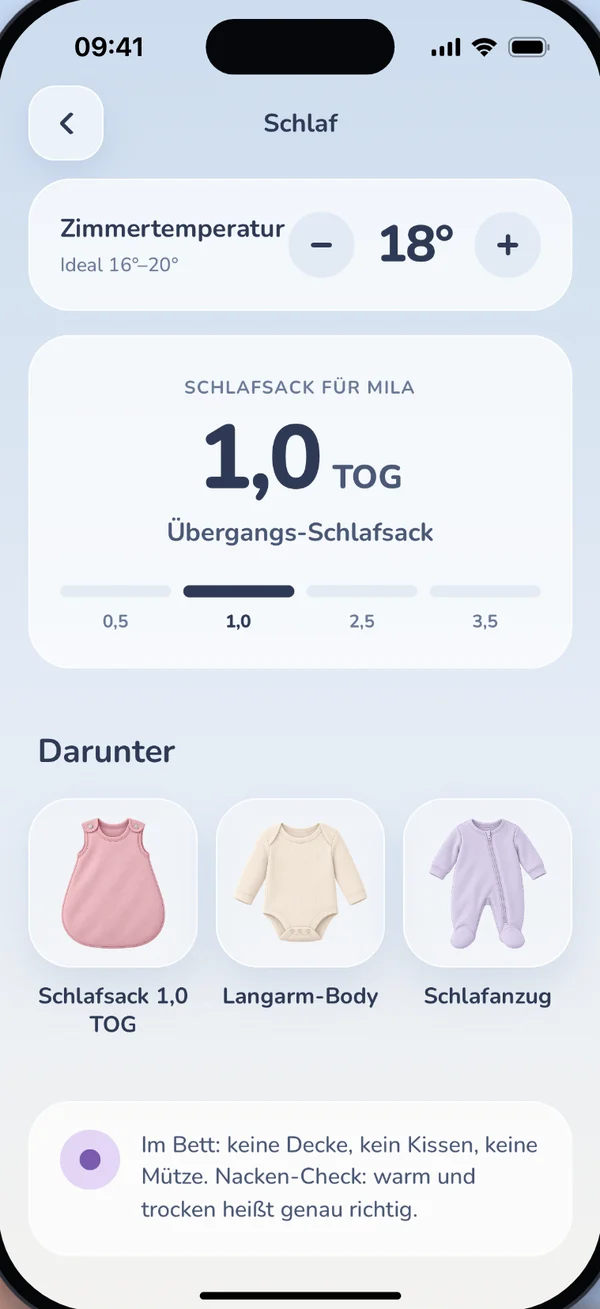 Sleep: sleep sack TOG rating to match the bedroom